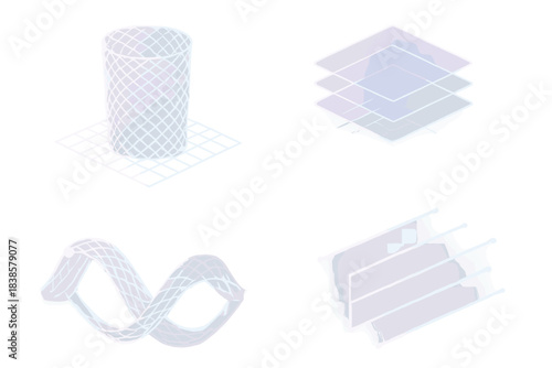 Threaded Holograms Isometric Art. Isometric vector illustration set Threaded holograms: glowing grids, digital frames, layered