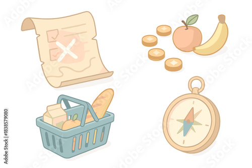 Adventure Shopping Journey. Isometric vector illustration set Treasure list adventure: parchment map folded into grocery list,