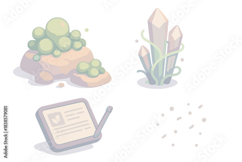 Alien Ecosystem Study. Isometric vector illustration set Unknown ecosystem study: alien moss growing on pastel rocks, glowing
