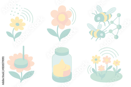 Digital Floral Network. Isometric vector illustration set Blooming information network: data pollen spreading through digital
