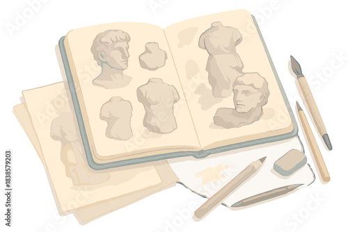 Artistic Archaeology Discovery Set. Isometric vector illustration set Discovery notes collection: open sketchbook with fragmented