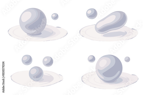 Zero-Gravity Metallic Orbs. Isometric vector illustration set Zero-gravity alloy: metallic liquid orbs drifting through void,