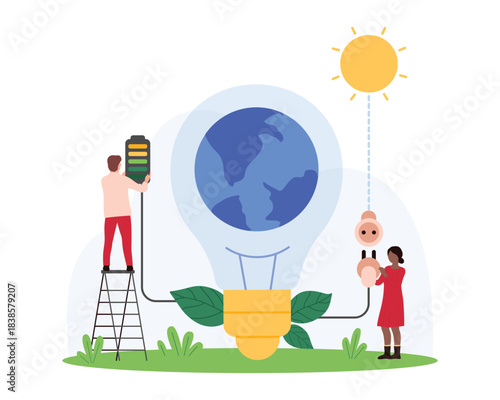Green energy station, renewable sources for electricity generation. Tiny people save ecology, generate electric energy for light bulb with globe inside, charge battery cartoon vector illustration