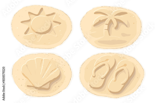 Beach Icon Reliefs. Isometric vector illustration set Beach relief marks: subtle pressed icons, scattered grains, shallow dips,