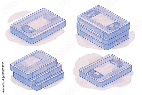 Nostalgic Glitch Geometry. Isometric vector illustration set Magnetic glitch geometry: VHS tapes creating rhythmic analog pattern,