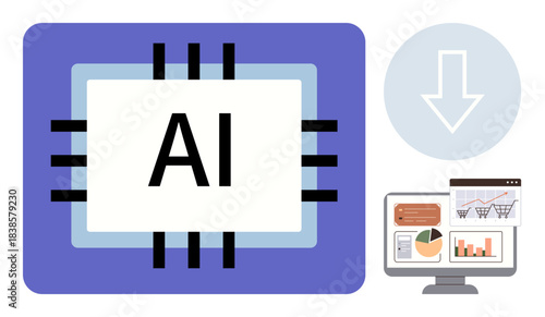 AI microchip with connecting lines, downward arrow, and computer monitor showing analytics charts. Ideal for innovation, technology, automation, analytics, efficiency, AI and digital transformation