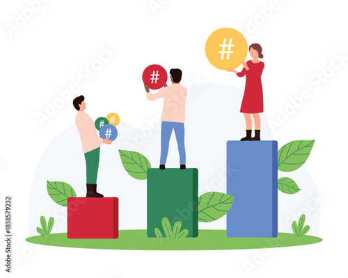 hashtag in social media chat messenger and blog post, viral marketing. Tiny people follow trends and share interesting thoughts, holding hash tag signs on chart growth cartoon vector illustration