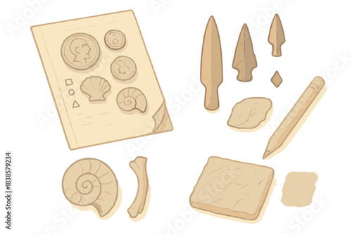 Archaeological Artifact Study. Isometric vector illustration set Artifact study pages: soft ink sketches of coins, fossils, and