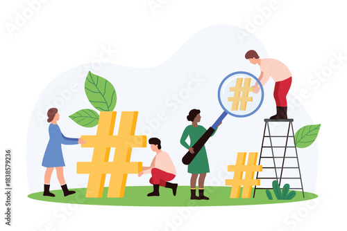Online trend and social media hashtag search. Tiny people find interesting blog post and viral news with magnifying glass, share ideas and thoughts with hashtag button cartoon vector illustration