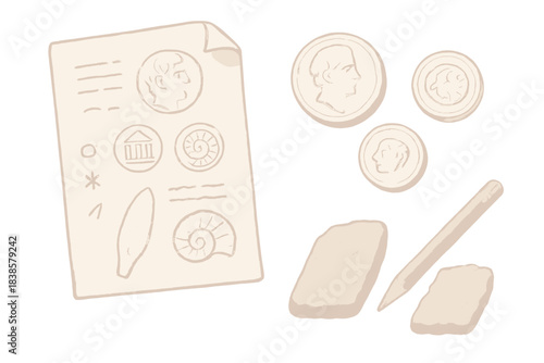 Archaeological Artifact Study. Isometric vector illustration set Artifact study pages: soft ink sketches of coins, fossils, and