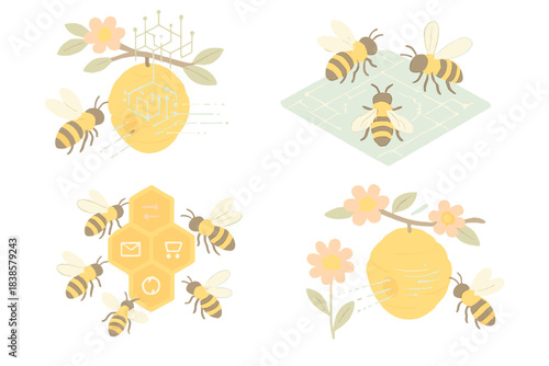 Digital Bee Symphony. Isometric vector illustration set Algorithmic hive mapping: digital overlay above bee colony, insects