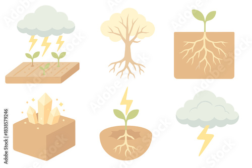 Electric Sprout Growth. Isometric vector illustration set Thunder germination: storm over field with emerging sprouts, lightning