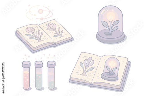 Galactic Flora Exploration. Isometric vector illustration set Galactic flora field notes: illustrated pages of alien plant