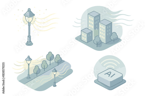 Living Nightscape Pulse. Isometric vector illustration set Living illumination system: streetlight exhaling soft glow, buildings