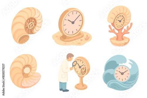 Nautilus Time Mechanism. Isometric vector illustration set Nautilus time mechanism: spiral shell with embedded clock gears, ocean