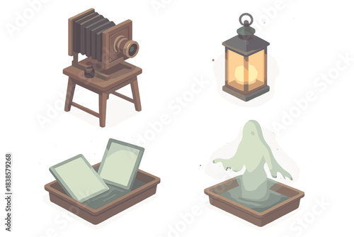 Victorian Spectral Photography Lab. Isometric vector illustration set Spectral photography lab: Victorian darkroom setup with