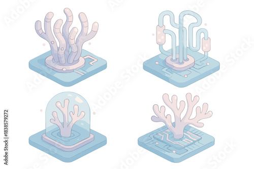 Cyber Reef Symbiosis. Isometric vector illustration set Cyber-reef symbiosis: robotic coral arms, liquid cooling channels,