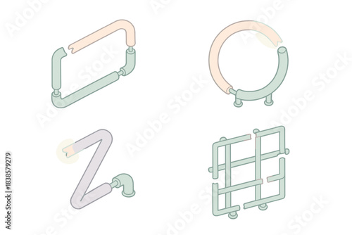 Neon Circuit Shapes. Isometric vector illustration set Broken light emblems: partial neon circuits, luminous gaps, bent tubes,