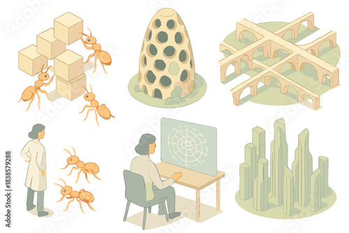 Bio-inspired City Design. Isometric vector illustration set Bio-inspired city design: ants-like robots arranging structural