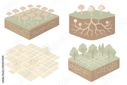 Mushroom Colony Blueprint. Isometric vector illustration set Fungal infrastructure mapping: mushroom colonies glowing in patterned