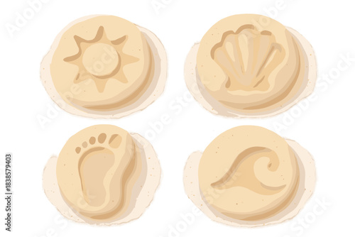 Beach Icon Reliefs. Isometric vector illustration set Beach relief marks: subtle pressed icons, scattered grains, shallow dips,