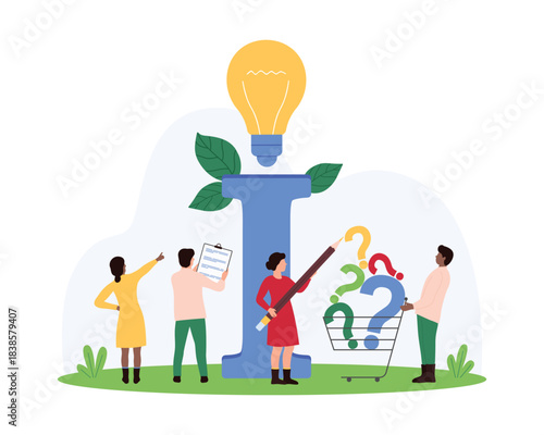 Instructions and information catalog, user manual ideas, FAQ. Tiny people carry question marks to get answers, letter I with light bulb for help and support customers cartoon vector illustration