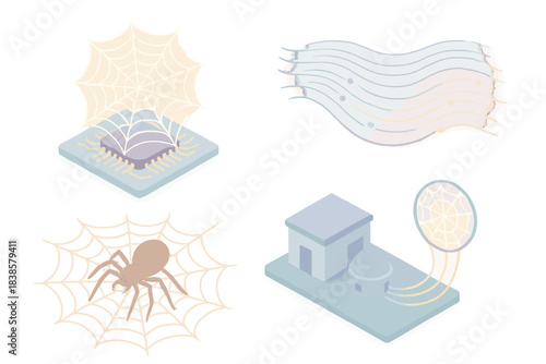 Smart Silk Network. Isometric vector illustration set Smart silk network: web connected to microchip base, air currents creating