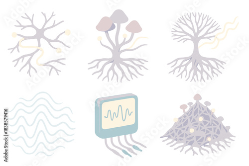 Synaptic Forest Networks. Isometric vector illustration set Synaptic forest: intertwined fungal threads resembling neurons,