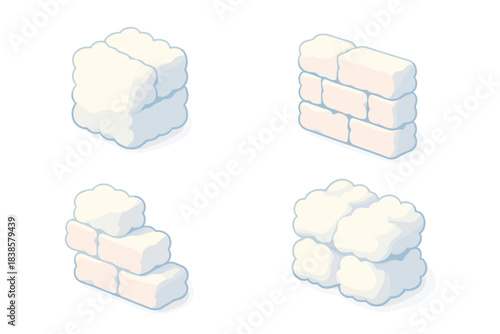 Cloud Masonry Icons. Isometric vector illustration set Cloud masonry: fluffy stone blocks, vapor joints, mist bricks, pastel