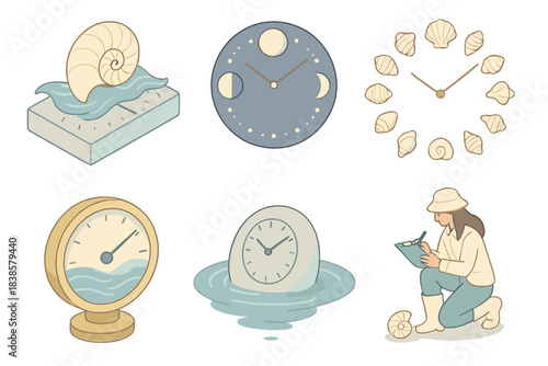 Tidal Timekeeper Icons. Isometric vector illustration set Tidal timekeeper: nautilus shell controlling ocean tides, moonlight