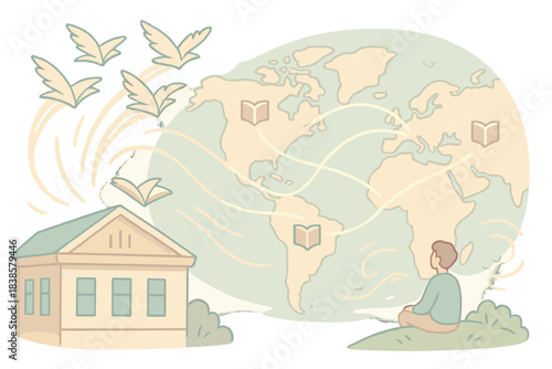 Books in Flight. Isometric vector illustration set Literary migration: books taking flight from library roof, pages fluttering