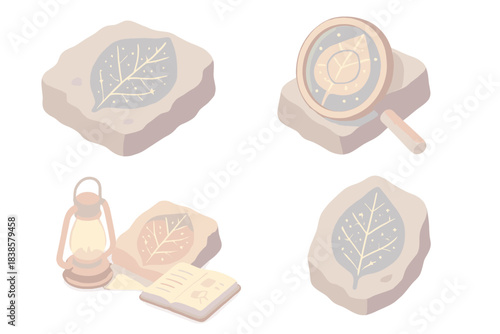 Paleocosmic Discovery Icons. Isometric vector illustration set Paleocosmic discovery: leaf skeleton embedded in rock matrix, stars