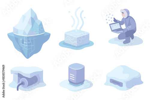 Arctic Digital Preservation. Isometric vector illustration set Arctic data preservation: iceberg containing digital grid, frozen