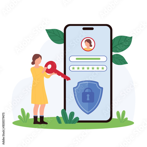 Security access with login and password to user account, verification in mobile app, information protection. Tiny woman holding key to safe lock shield on smartphone screen cartoon vector illustration