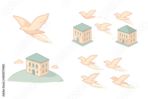 Literary Birds in Flight. Isometric vector illustration set Flight of literature: books shaped like gentle birds, libraries