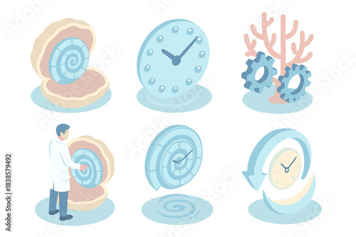 Marine Timekeeping Device. Isometric vector illustration set Temporal marine device: shell with digital spiral display, water