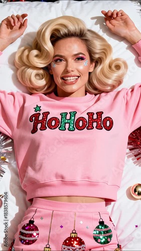 Trendy holiday outfit with pink sweater and festive decorations in a fun indoor setting during the winter season