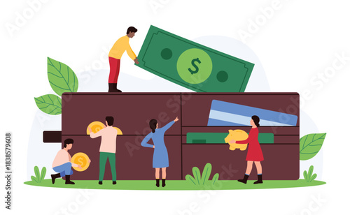 Money savings and salary income, payment from wallet, deposit and online cashback return. Tiny people holding coins, piggy bank and dollar bills to put in leather pocket cartoon vector illustration