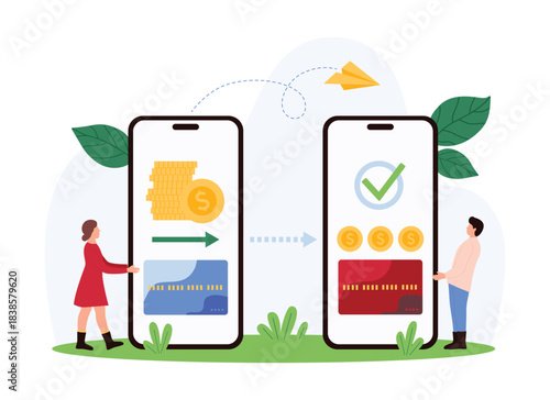 Online money transfer, payment in mobile app, trade. Tiny people receive and send currency from digital wallet and credit card, money exchange on smartphone screen cartoon vector illustration