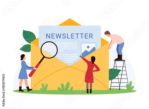 Newsletter subscription, email analysis and review of news services. Tiny people research letter from paper envelope with magnifying glass, read online information cartoon vector illustration