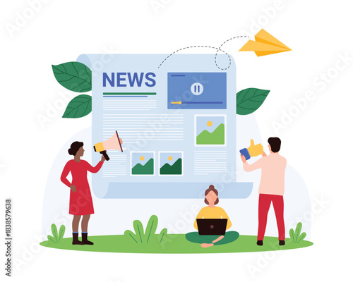 Announcement of daily blog news, update social media information, online notification report and newsletter. Tiny people with megaphone announce article with video cartoon vector illustration