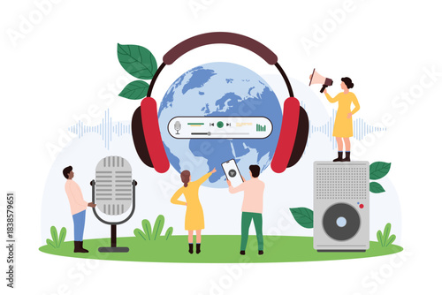 International radio broadcast, online DJ, internet music channel. Tiny people with mobile app in phone and microphone listen sound, Earth globe with big headphones cartoon vector illustration