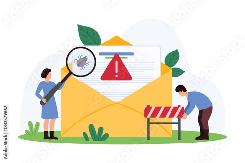 Email and online document protection from scam and fraud. Tiny people analyze mail letter with magnifying glass, find and remove bug with warning anti virus system message cartoon vector illustration