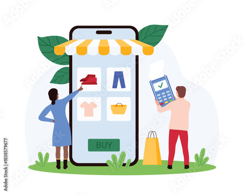 Online shopping in clothing store, sales in retail shop mobile app. Tiny people select product category on smartphone screen to pay for order and buy clothes and shoes cartoon vector illustration