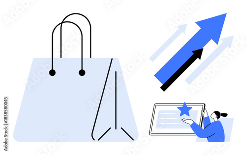 E-commerce, online shopping, business growth, digital marketing, sales performance, consumer trends. Shopping bag, rising arrows person interacting with tablet interface. E-commerce and online