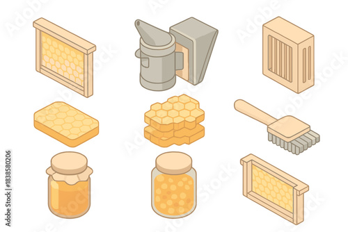 Apiary Tools Icons. Isometric vector illustration set Apiary infrastructure: beehive frames, smoker device, wax combs, queen cage,