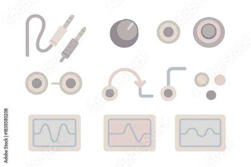 Modular Synth Connections. Isometric vector illustration set Modular synth connections: patch cables, input jacks, control knobs,