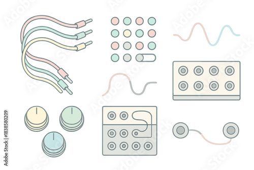 Modular Synth Beauty. Isometric vector illustration set Eurorack signal art: cable arrays, control volt grids, modular knobs,
