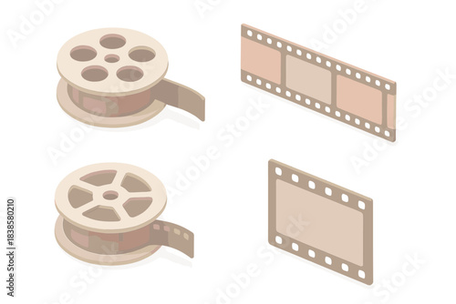 Analog Reel Motifs. Isometric vector illustration set Analog reel motifs: film spools, perforation holes, faded color strips,