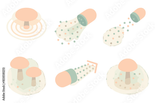 Spore Release Diagrams. Isometric vector illustration set Spore release diagrams: dispersal waves, layered particle trails,